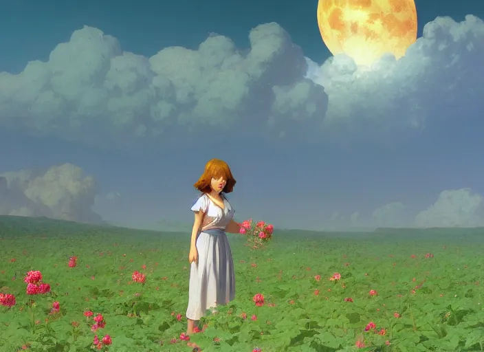 Image similar to gorgeous inspiring girl on the moon caring for tomato plants inside a crater filled with smoke, planet Earth in the sky by Craig Mullins, ilya kuvshinov, krenz cushart, artgerm trending on artstation by Edward Hopper and Dan Mumford and WLOP and Rutkovsky, carl spitzweg and moebius, Unreal Engine 5, Lumen, Nanite