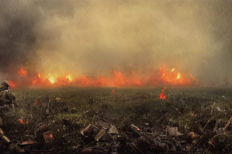 Image similar to chaotic battlefield, multiple soldiers!, thick dark smoke!, vehicles on fire, heavy rain from thick clouds, storm, overgrowth, forest, (mushroom cloud) in the background, bleak, melancholy atmosphere, bird flock flying to the horizon, band of brothers, bf1942, 4k impressionism painting by Gregory Crewdson and Grzegorz Domaradzki and Ivan Shishkin and Jakub Rozalski