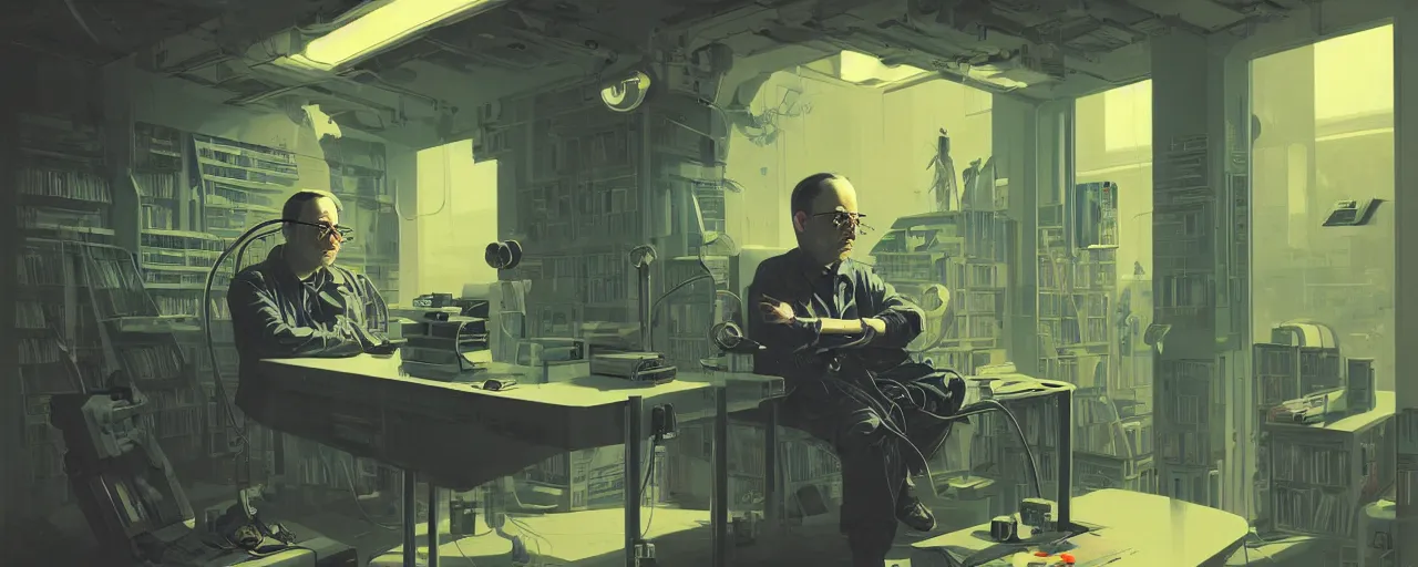 Prompt: duotone concept illustration 3 / 4 portrait of science fiction author stanislaw lem in techno library as analog vacuum tube retrofuturistic cyborg. cinematic volumentric lighting. accidental renaissance. by sachin teng and sergey kolesov and ruan jia and heng z. graffiti art, scifi, fantasy, hyper detailed. octane render. concept art. trending on artstation