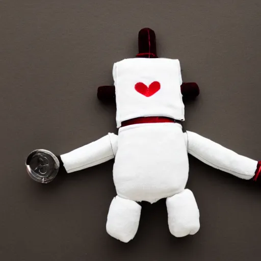 Image similar to a plush robot toy holding a bloody knife. Product photo.