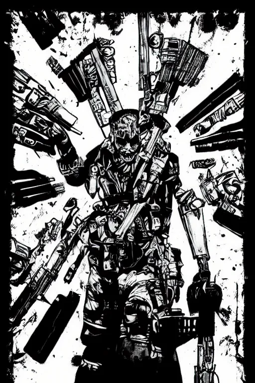 Image similar to a paranormal soldier, tribal, emp weapons strapped in shoulders, horror sci - fi, black and white, art by kevin eastman