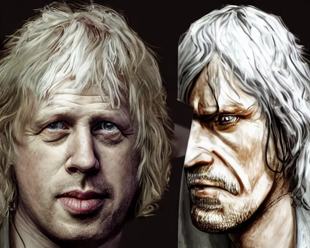 Prompt: boris johnson as aragorn, character art, by various concept artists, hyperrealistic face, photorealistic render