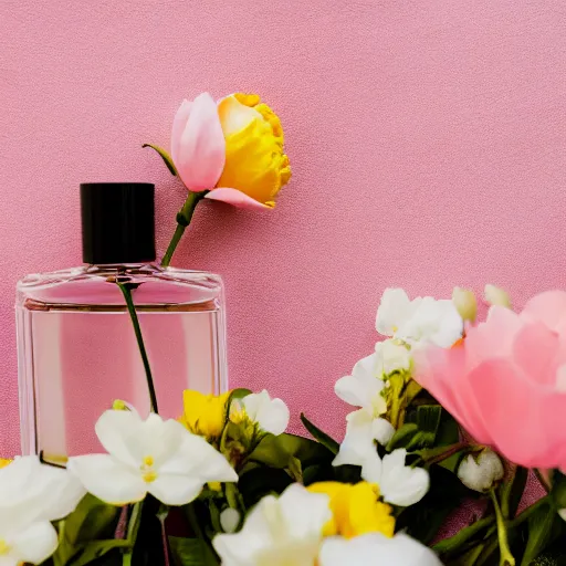 Image similar to perfume bottle sitting on a pile of pale pink and yellow flowers close shot, light pink background, softly - lit, soft - femme, zen, light, modern minimalist f 2 0 clean