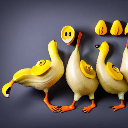 Image similar to professional photograph of banana ducks, peeled bananas with googly eyes and duck beaks