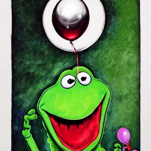 Image similar to grunge painting of kermit the frog with a wide smile and a red balloon by chris leib, loony toons style, pennywise style, corpse bride style, horror theme, detailed, elegant, intricate