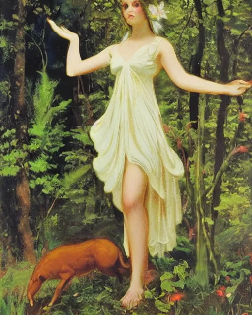 Prompt: a young woman wearing a white dress encounters the great god pan in a forest clearing, 1 9 7 0 s, seventies, wallpaper, delicate embellishments, painterly, offset printing technique, by brom, robert henri, walter popp