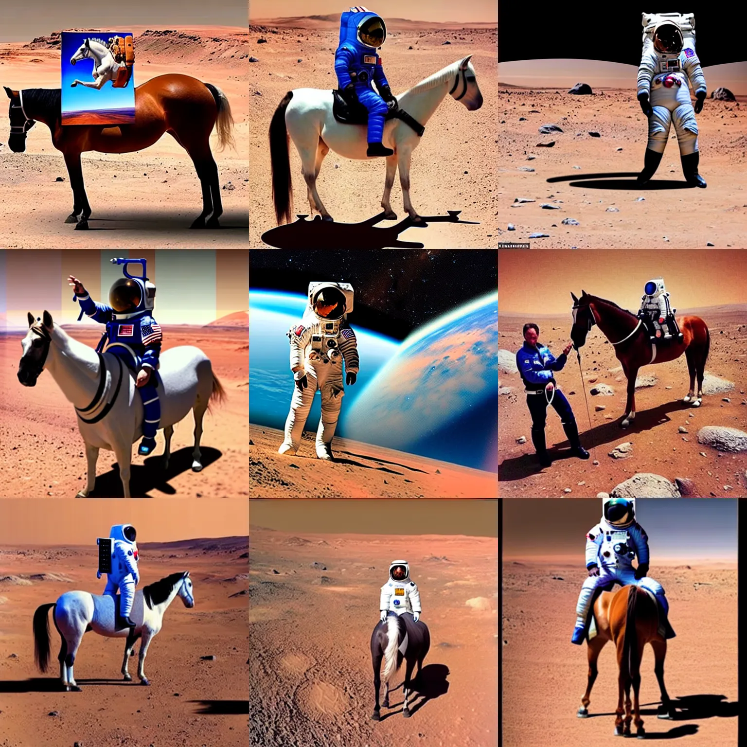 Prompt: guy with horse head sitting on shoulders of astronaut, mars vacation photo, horse sitting on astronaut back, meanwhile in a parallel universe, bent over