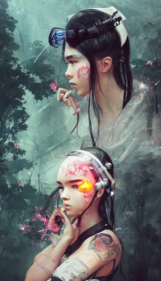 Image similar to altered carbon, madison beer, detailed portrait young gangster lolita, amazing beauty, visor, neon tattoo, styled hair, decorated traditional japanese ornaments by carl spitzweg, ismail inceoglu, vdragan bibin, hans thoma, greg rutkowski, alexandros pyromallis, perfect face, fine details, realistic shaded