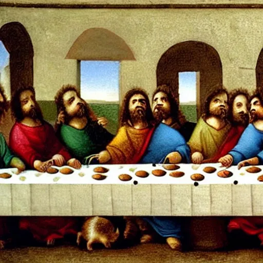 Prompt: anthropomorphic guinea pigs in the last supper