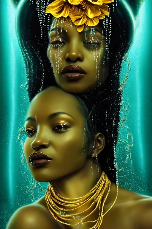 Image similar to hyperrealistic post rococo cinematic very expressive! black oshun goddess, in water up to her shoulders, mirror dripping droplets!, gold flowers, highly detailed face, digital art masterpiece, smooth eric zener cam de leon dramatic pearlescent volumetric teal light, high angle uhd 8 k, sharp focus