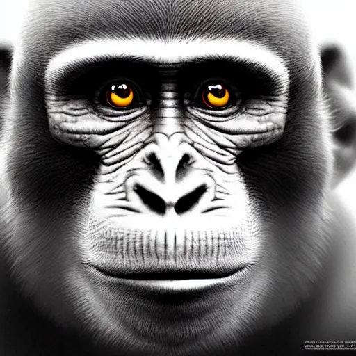 Image similar to monkey, realistic portrait, highly detailed, digital painting, artstation, concept art, smooth, sharp focus, illustration, cinematic lighting