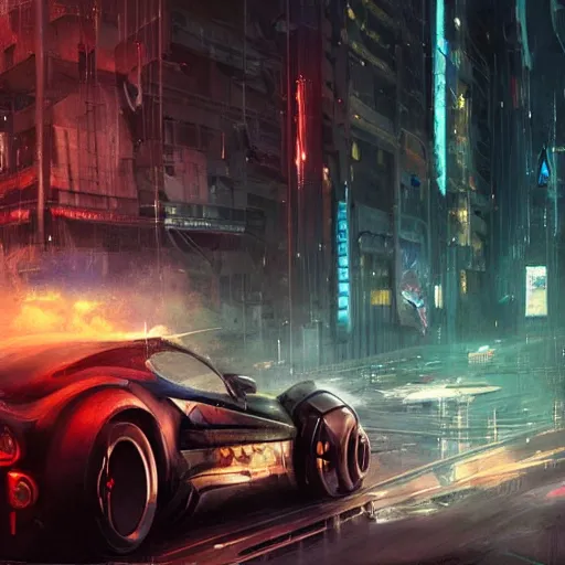 Prompt: A cyberpunk car flying trough the city, Magic the Gathering art, art by greg rutkowski, matte painting, trending on artstation, very detailed