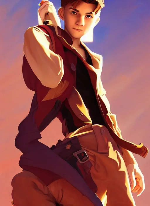 Image similar to skinny young tom holland as jim hawkins from treasure planet, dynamic lighting, path traced, atmospheric, highly detailed, high quality, beautiful painting, octane render, don bluth, ross tran, studio ghibli, alphonse mucha, jama jurabaev, extremely detailed, brush strokes, artstation, artgerm