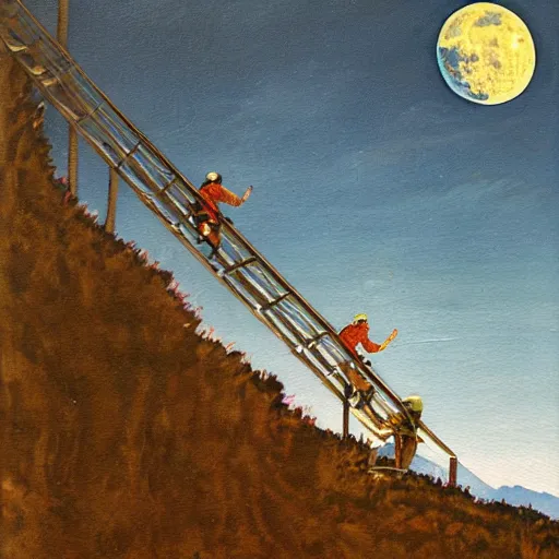 Prompt: a 1500's painting of people climbing a ladder to the moon