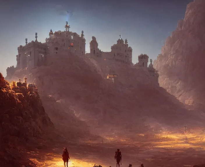 Prompt: a gleaming moorish castle in a vibrant desert oasis, art by greg rutkowski and jan urschel, mysterious mood, volumetric lighting, 4k, crisp detail, high-quality art