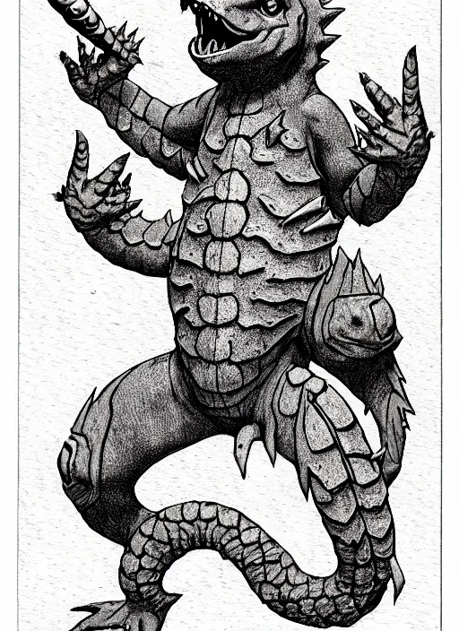 Image similar to charmander as a d & d monster, full body, pen - and - ink illustration, etching, by russ nicholson, david a trampier, larry elmore, 1 9 8 1, hq scan, intricate details, stylized border