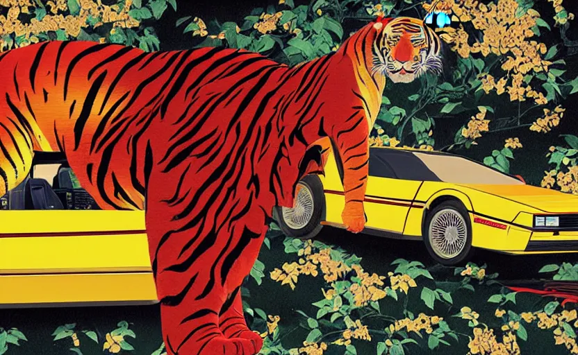 Image similar to a red delorean and a yellow tiger in ajegunle, painting by hsiao - ron cheng, utagawa kunisada & salvador dali, magazine collage style,