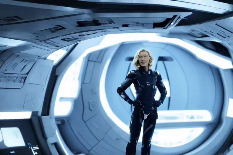 Image similar to cate blanchett on the bridge of a starship,cyborg, 4k, movie still