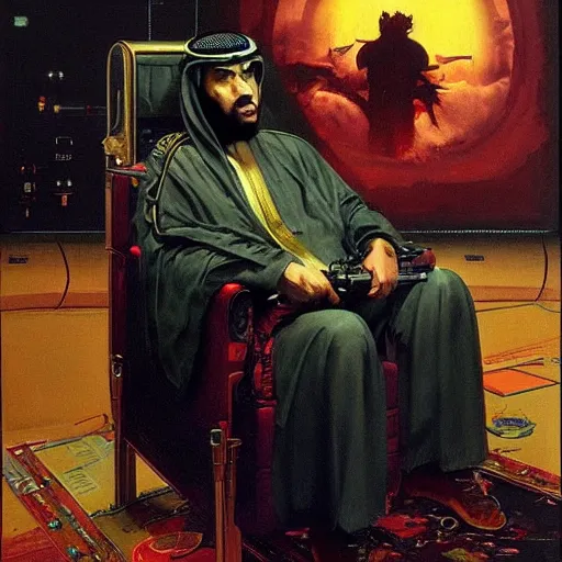 Prompt: king of saudi arabia playing video games. foggy black background. highly detailed science fiction painting by norman rockwell, frank frazetta, syd mead and moebius. rich colors, high contrast, gloomy atmosphere, dark background. trending on artstation