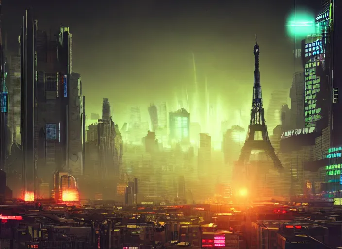 Image similar to cyberpunk scifi scene of paris at night, scifi drones in the sky, artstation, matt painting, very detailed, maximalism, ambient occlusion, volumetric light, atmospheric haze, unreal engine, hyper realism, realistic shading, cinematic composition, realistic render, octane render, detailed textures, photorealistic, wide shot