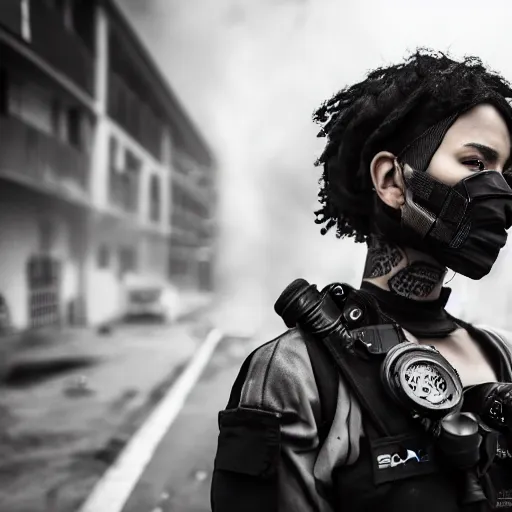 Prompt: Candid extreme wide shot of a poor techwear mixed woman with short hair and tattoos outside of a futuristic Los Angeles on fire, a police MRAP on fire, cyberpunk, 4k, extreme long shot, desaturated, full shot, action shot, motion blur, depth of field, sigma 85mm f/1.4, high resolution, 4k, 8k, hd, full color, award winning photography, war photography