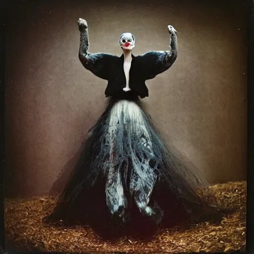 Image similar to damaged kodak portra 4 0 0, wetplate, photo of a surreal artsy dream scene,, very beautiful model, weird fashion, grotesque, extravagant dress, strange pose, carneval, with an animal, wtf, photographed by paolo roversi style