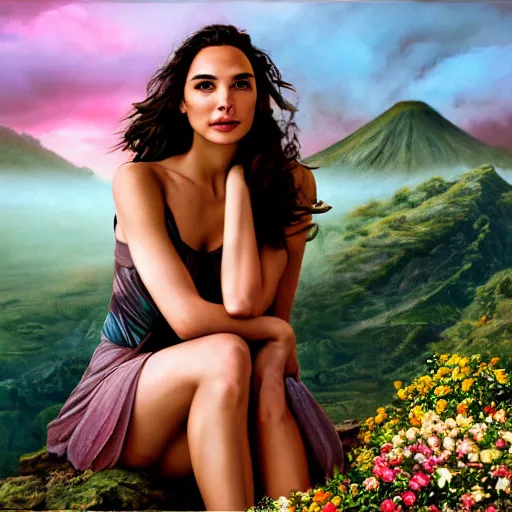 Prompt: Portrait of the beautiful woman Gal Gadot, she is posing, she has a crown of flowers, she is sitting on a rock at the side of a volcano, there is fog, she is getting ulluminated by the rays of the sunset, the photo was taking by Steve McCurry, matte painting, oil painting, naturalism, 4k, 8k