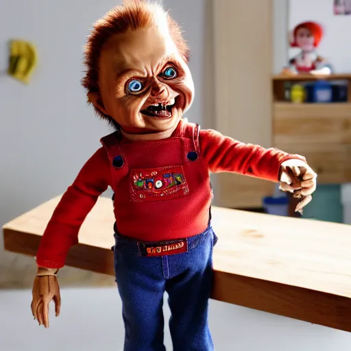 Image similar to chucky the killer doll standing on a work bench table