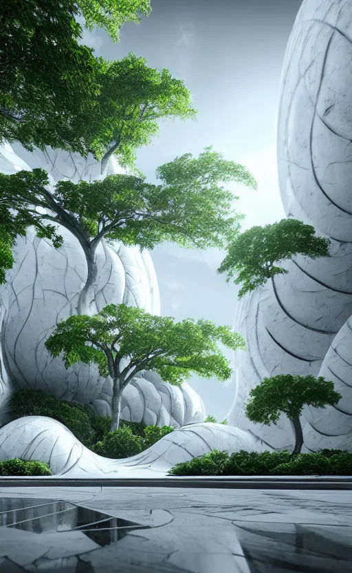 Image similar to highly detailed ultra sharp 3 d render cinematic composition of a smooth ceramic porcelain magnolia stone fluid fractal sci - fi surreal architecture landscape, white marble, magnesium, foliage, archviz, vincent callebaut composition, mamou - mani, beautiful lighting, 8 k, unreal engine, hdr, dof