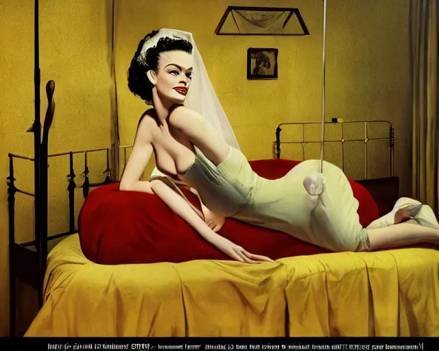 Prompt: phtorealistic modern 1 9 5 0 s style pin up of the bride of frankenstein posing in a bed in the room of a sanatarium, full body, campy color scheme, realistic, center, smooth, golden ratio, detailed, gil elvgren, earl moran, joyce ballantyne