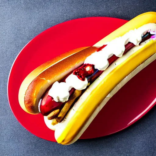 Image similar to commercial photo of a banana split with a hot dog instead of the banana, mustard, ketchup,