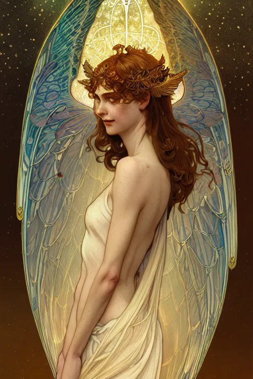 Image similar to Tarot card of an angel girl with glowing halo and highly detailed intricate wings, art nouveau, fantasy, intricate, elegant, highly detailed, digital painting, artstation, concept art, smooth, sharp focus, illustration, art by Krenz Cushart and Artem Demura and alphonse mucha