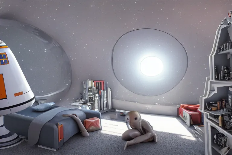 Image similar to small bedroom quarters inside rocket ship with gray metallic factory engine walls and small window looking into space, details, sharp focus, intricate, high definition, movie set, retro style, 1970s, 1980s, sci-fi, digital Art, 3D, realistic photograph, lucasfilm, space odyessy