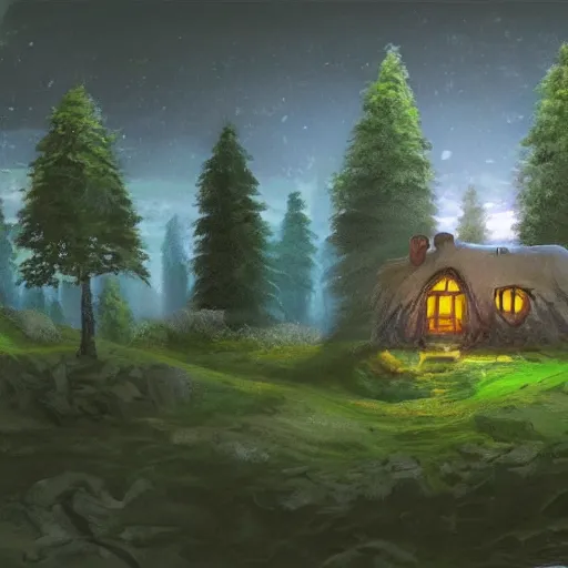 Image similar to cottage surrounded by trees, it is night, the windows are lit, concept art, low fantasy