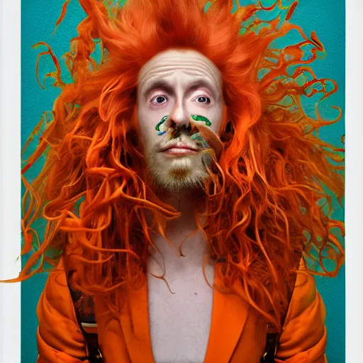 Prompt: a beautiful collage of a self - portrait of the artist. he is shown with his head turned to the left, looking at the viewer. his hair is wild and his eyes are wide open. his right hand is raised, as if he is pointing at something. steelpunk, pale orange by bo bartlett, by takashi murakami lush, swirling