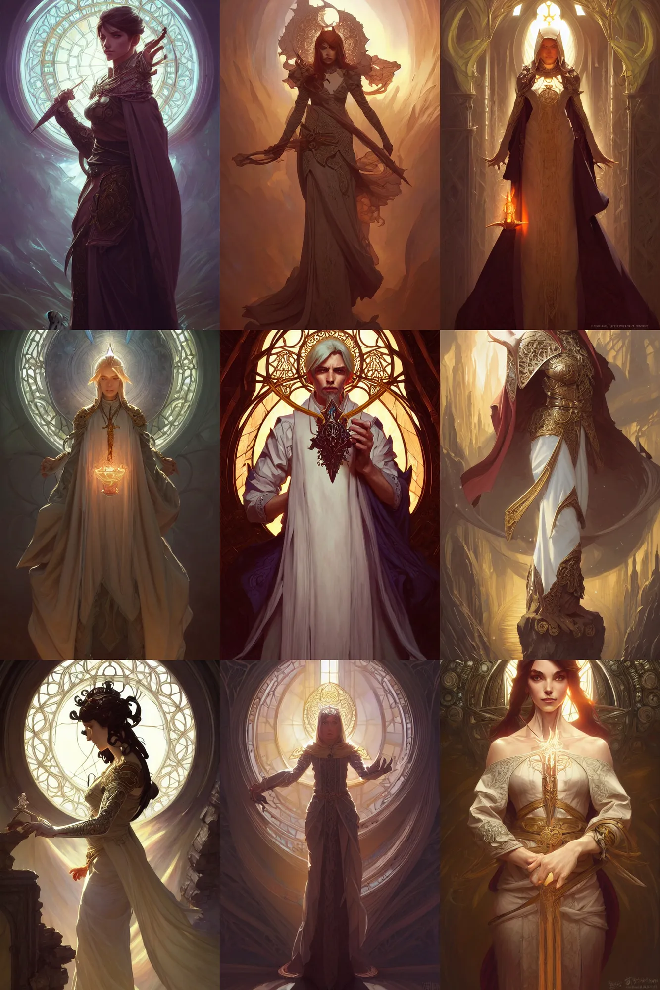 Prompt: priest, D&D, fantasy, intricate, elegant, highly detailed, digital painting, artstation, concept art, matte, sharp focus, illustration, art by Artgerm and Noah Bradley and Scott M Fischer and Greg Rutkowski and Alphonse Mucha