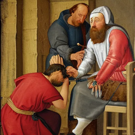 Prompt: detailed portrait of a medieval doctor performing treatment on a peasant, 4 k high detail, scientific