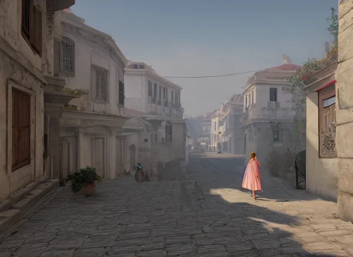 Prompt: a woman in a fed skirt walking the narrow streets of athens, painted by, mc escher, gordon onslow ford, georgia o'keeffe and ivan aivazovsky, cinematic light, god rays, colourful, unreal engine, zbrush central,