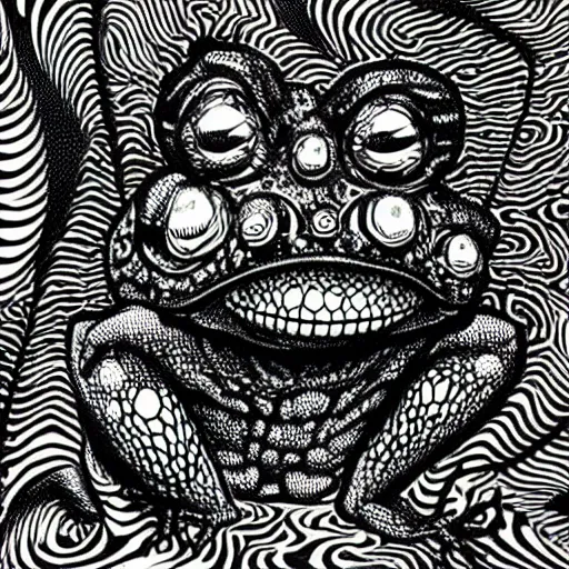 Prompt: closeup of an adorable, eldritch frog abomination of unimaginable horror by h. r. giger and junji ito, speculative evolution, op art with big bold patterns