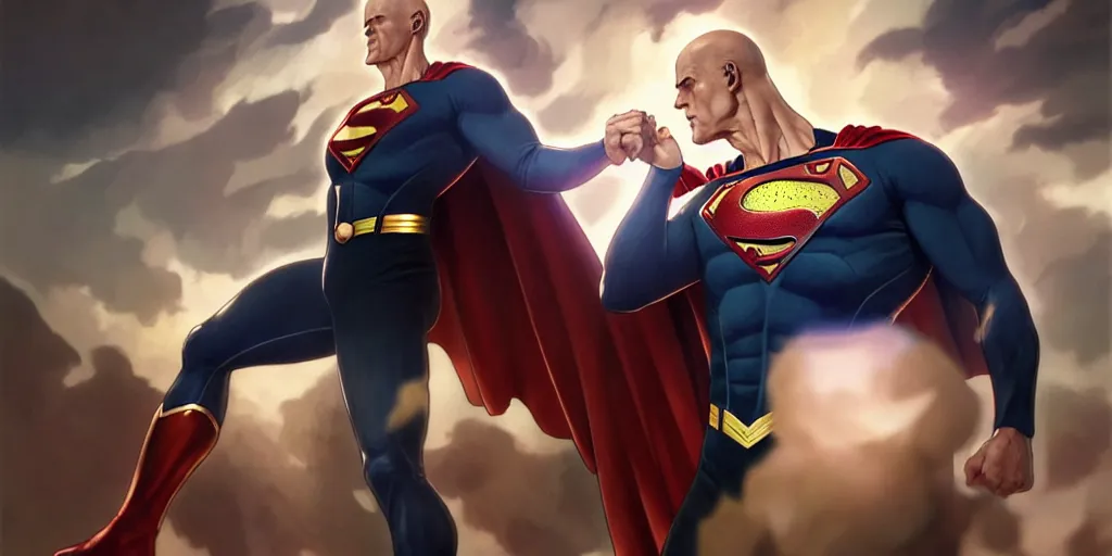 Image similar to ultra realistic illustration, handsome saitama vs superman. intricate, elegant, highly detailed, digital painting, artstation, concept art, smooth, sharp focus, illustration, art by artgerm and greg rutkowski and alphonse mucha and wlop