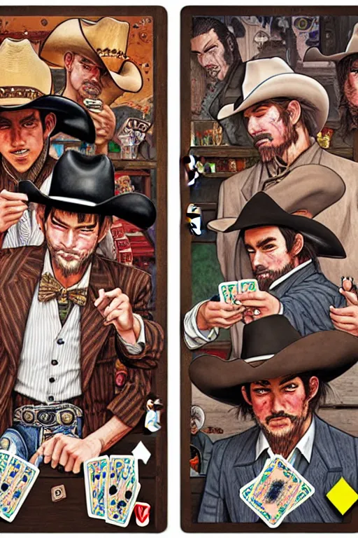 Prompt: full view, from a distance, of cowboys in the saloon playing card games, style of yoshii chie and hikari shimoda and martine johanna, highly detailed