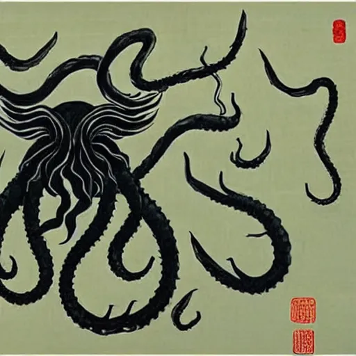 Image similar to cthulhu by qi baishi, chinese traditional painting