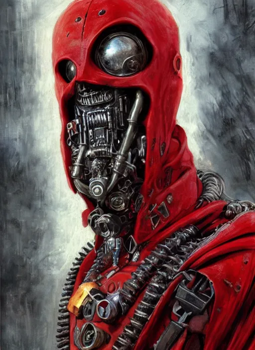 Image similar to portrait of rotten Nicolas Cage as adeptus mechanicus in red hood and robe from Warhammer 40000. Highly detailed, artstation, illustration by and John Blanche and zdislav beksinski and wayne barlowe