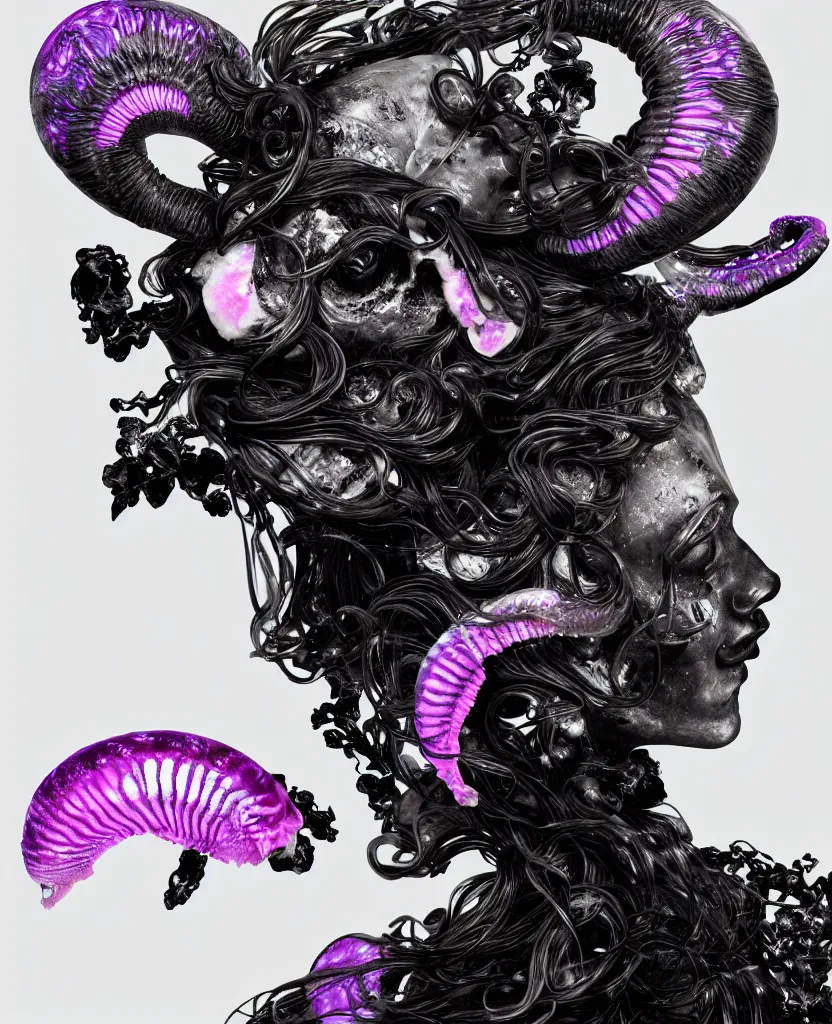 Image similar to goddess princess face close-up portrait ram skull. sculpture made of black and dichroic. jellyfish phoenix head, nautilus, orchid, skull, betta fish, bioluminiscent creatures, intricate artwork by Tooth Wu and wlop and beeple. octane render, trending on artstation, greg rutkowski very coherent symmetrical artwork. cinematic, hyper realism, high detail, octane render, 8k