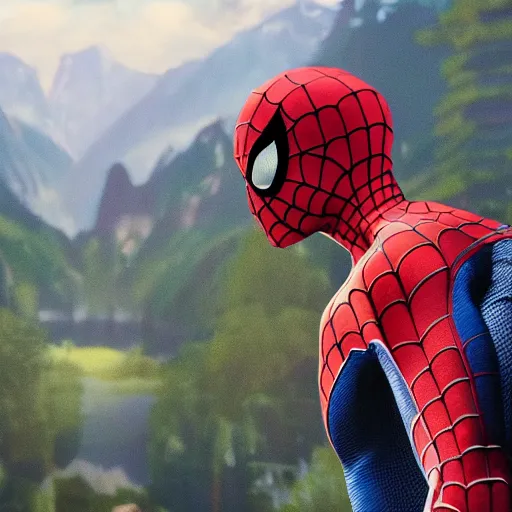 Image similar to a closeup photorealistic photograph of spider - man working on a canvas painting. film still. brightly lit scene. mountains and trees. this 4 k hd image is trending on artstation, featured on behance, well - rendered, extra crisp, features intricate detail, epic composition and the style of unreal engine