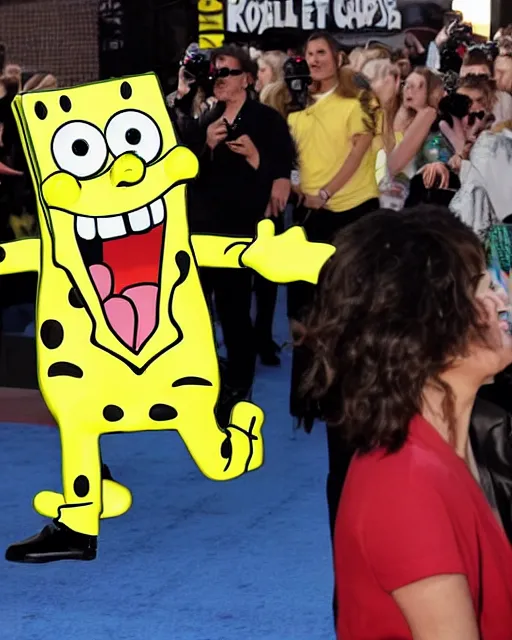 Image similar to Paparazzi photographers a terrified SpongeBob SquarePants at his movie premiere, photorealistic