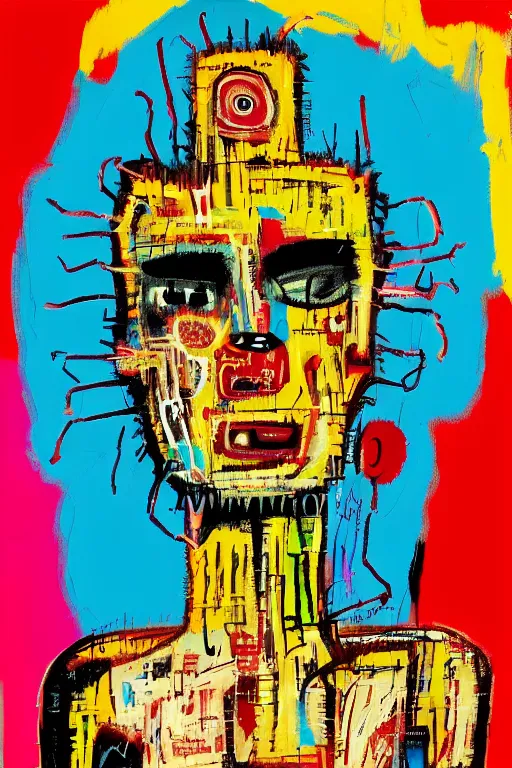 Image similar to cyborg girl in the style of jean michel basquiat