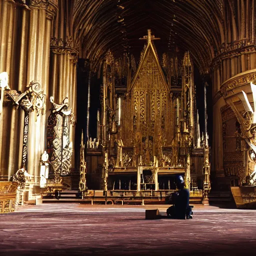 Image similar to man in large throne room of grand cathedral, sitting alone with sword, shadows, fantasy, wallpaper