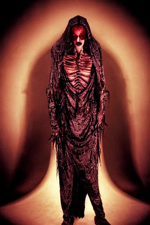 Image similar to dressed steve buscemi, a sinister demonic queen of cenobites, symmetrical, cinematic, elegant, demonic atmosphere, professional studio light, real dlsr photography, sharp focus, costume made by clive barker, real rotten flesh, blood and bones, 4 k, ultra hd, sense of awe