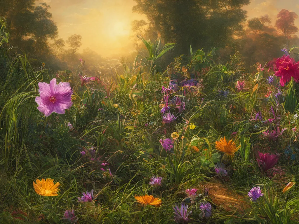 Prompt: sunlight study, wildflower undergrowth, art nouveau, by jan davidz de heem and martin johnson heade ( ( ( ( ( lisa frank ) ) ) ) ), 8 k, sharp focus, octane render, kauai